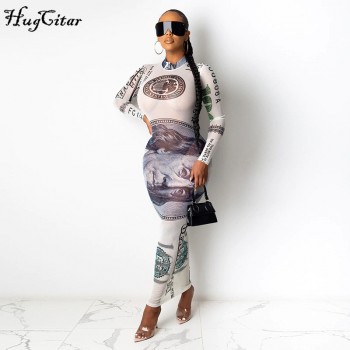 Hugcitar 2020 long sleeve print mesh see-through bodycon sexy maxi dress autumn winter fashion streetwear outfits party wear